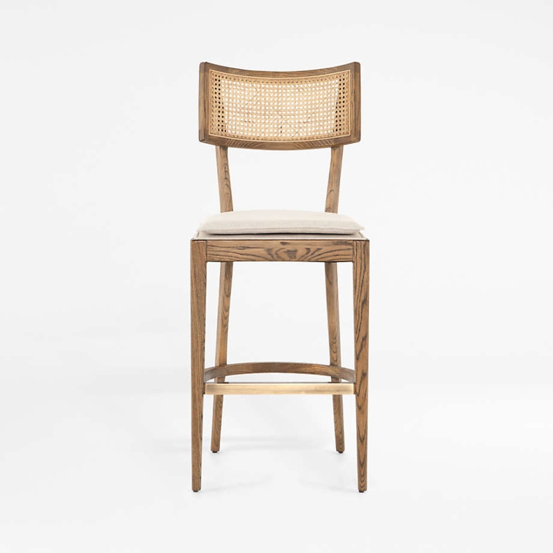 Counter Stool Light Wood Frame Woven Cane Inlay and Metallic Footrest