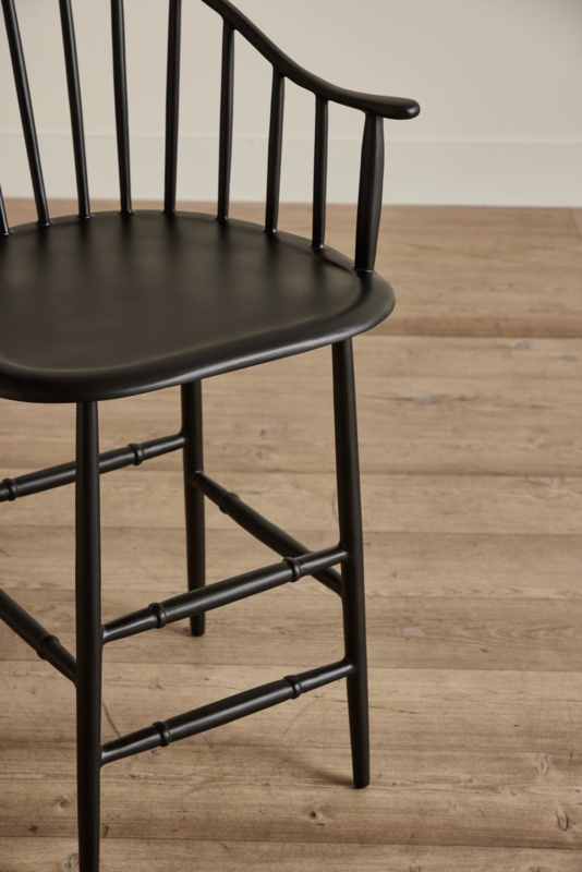 Counter Stool, Low Back with Turned Stretchers & Curved Arms.