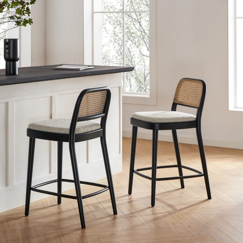 Counter Stool Matte Black Frame with Textured Seat and Curved Cane Back