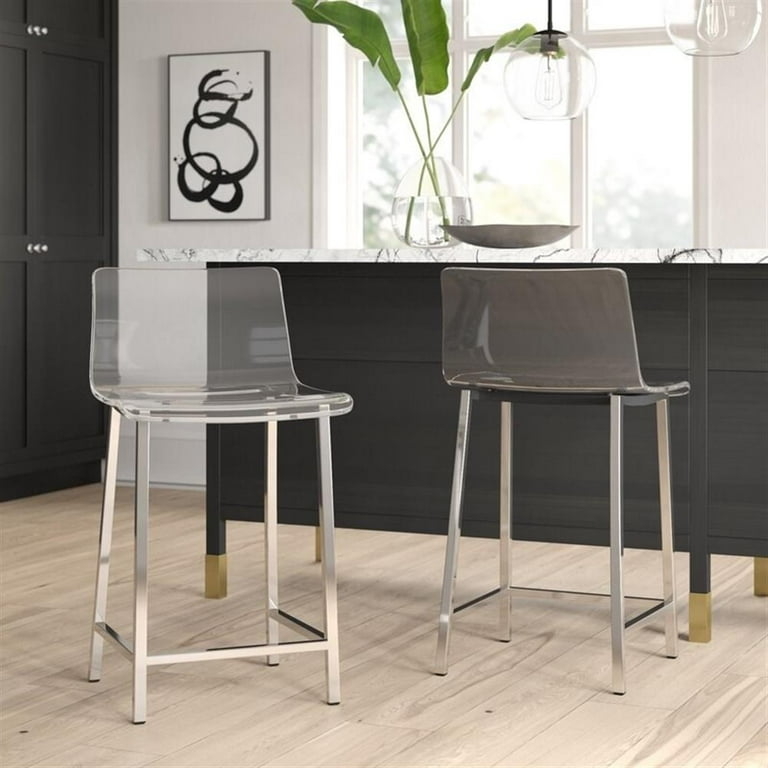 Counter Stool Polished Chrome Square Tubing Molded Shell Seat, Clear