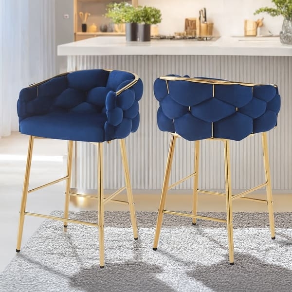 Counter Stool Quilted Bubble Back Navy Velvet Gold Brass Frame Glam
