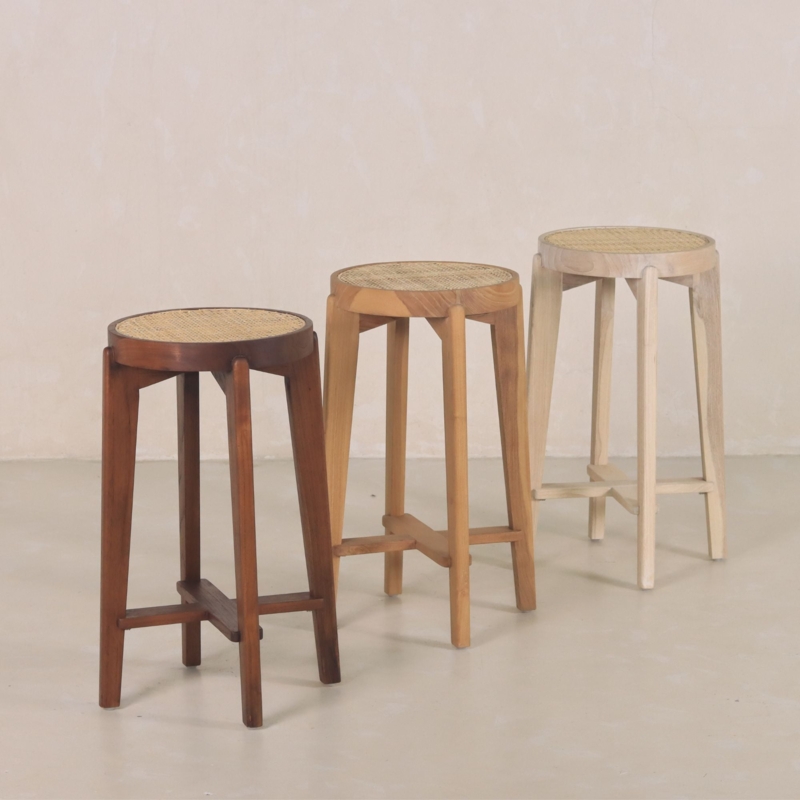 Counter Stool Sun Bleached Finish with Circular Woven Cane Seat