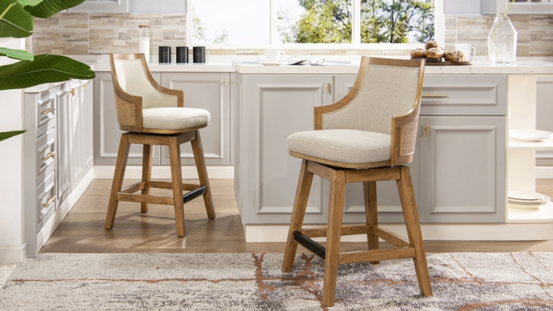 Counter Stool Swivel with Recessed Arms and Cane Side Panels Beige