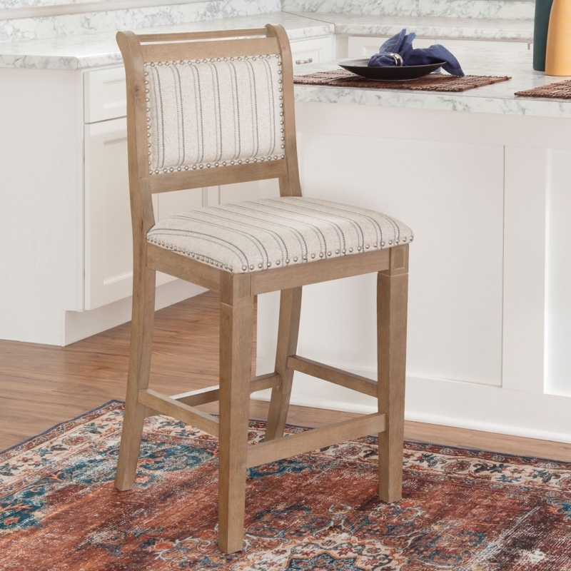 Counter Stool: Ticking Stripe Upholstery Nailhead Trim Weathered Wood