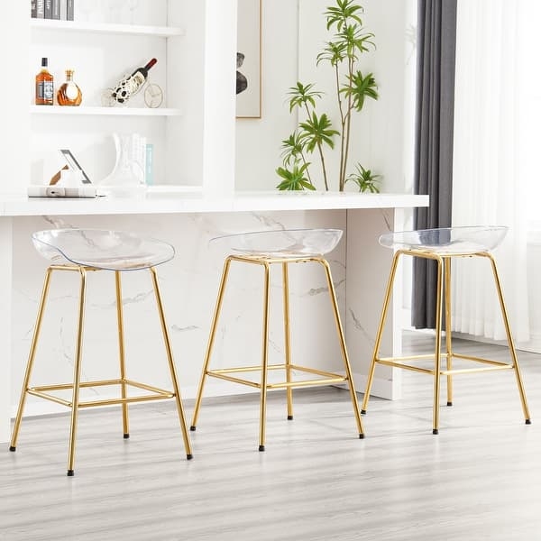 Counter Stool Transparent Seat Polished Gold Metal Tapered Legs