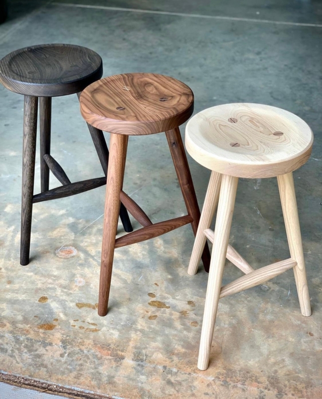Counter Stool Tripod Base Sculptural Seat Wedged Tenons Minimalist
