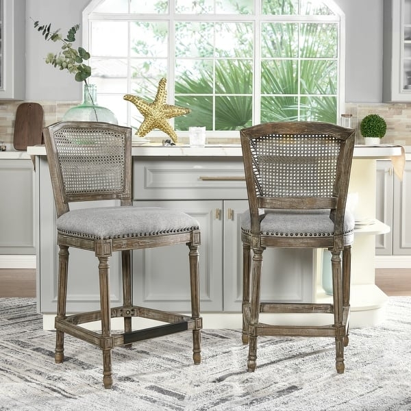 Counter Stool Weathered Oak Armless with Cane Back and Nailhead Trim