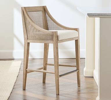 Counter Stool Weathered Wood Frame with Sloping Arms and Woven Caning