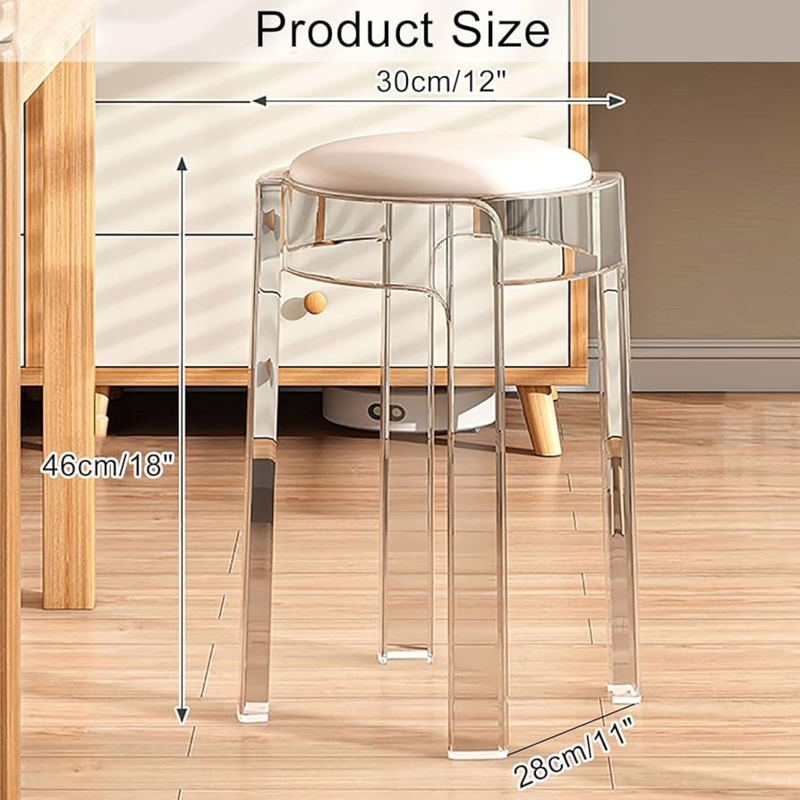 Counter Stool White Padded Seat Transparent Legs, Round Stackable Stool
