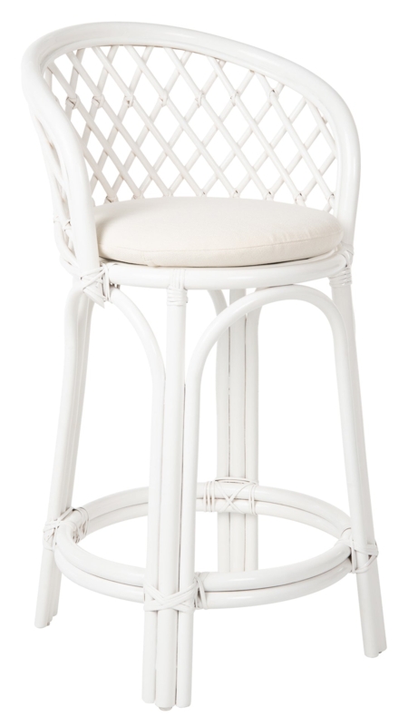Counter Stool White Rattan with Criss Cross Lattice Back and Cushion