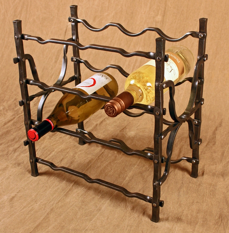 Countertop Wine Rack, Hand-Forged, Wavy Rails, Hammered Texture, Dark Bronze