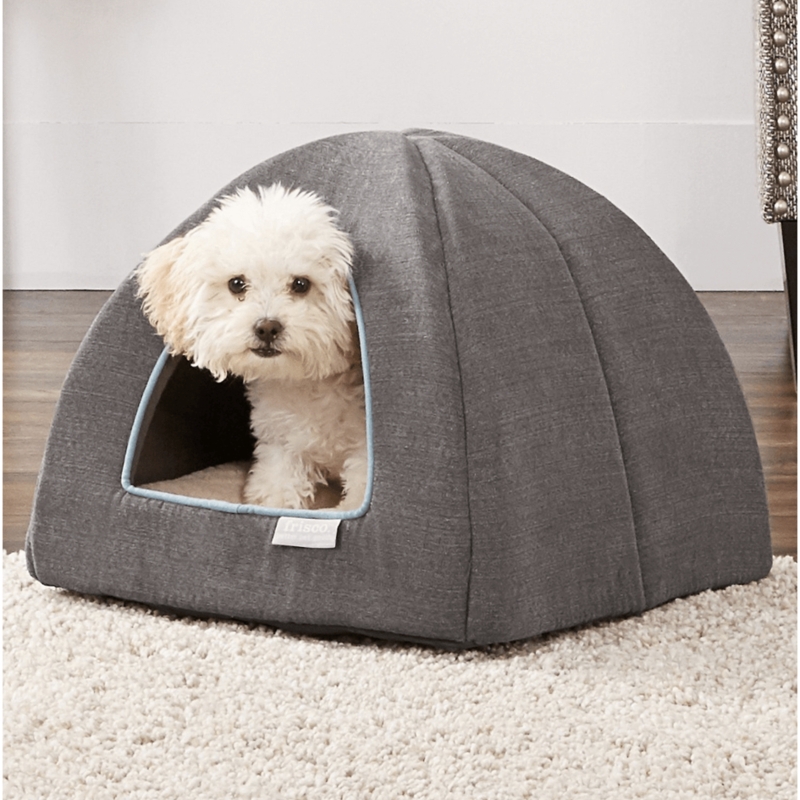 Covered Igloo Dog Bed in Heathered Gray with Blue Contrast Piping