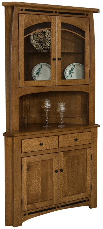 Craftsman Corner China Cabinet with Arched Muntins in Honey Brown