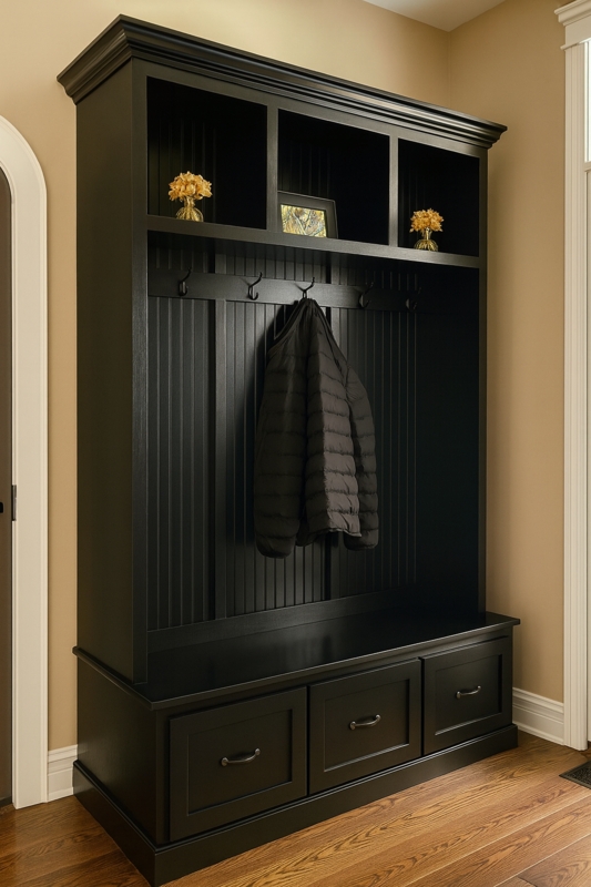 Craftsman Style Hall Tree with Three Base Drawers and Crown Molding