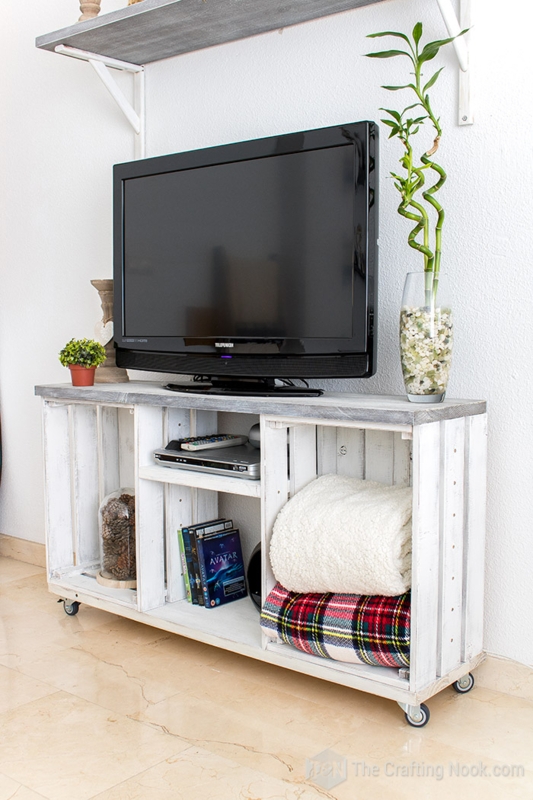 Crate TV Stand: Rustic Farmhouse, Whitewashed, Caster Wheels.
