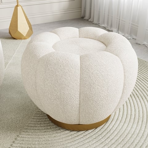 Cream Boucle Ottoman with Unique Petal Shape and Gold Plinth Base