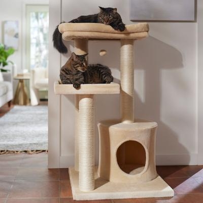 Cream Faux Fur Cat Tree with Bolstered Top Perch & Condo