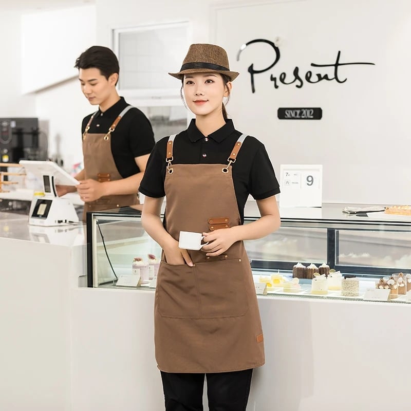Cross-Back Cafe Apron, Leather Like Accents, Utility Pockets, Brown