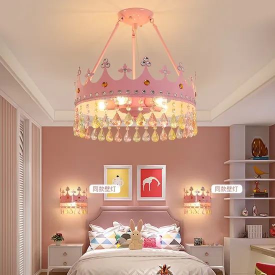 Crown Chandelier Crown Motif Multicolored Pendants Soft Pink