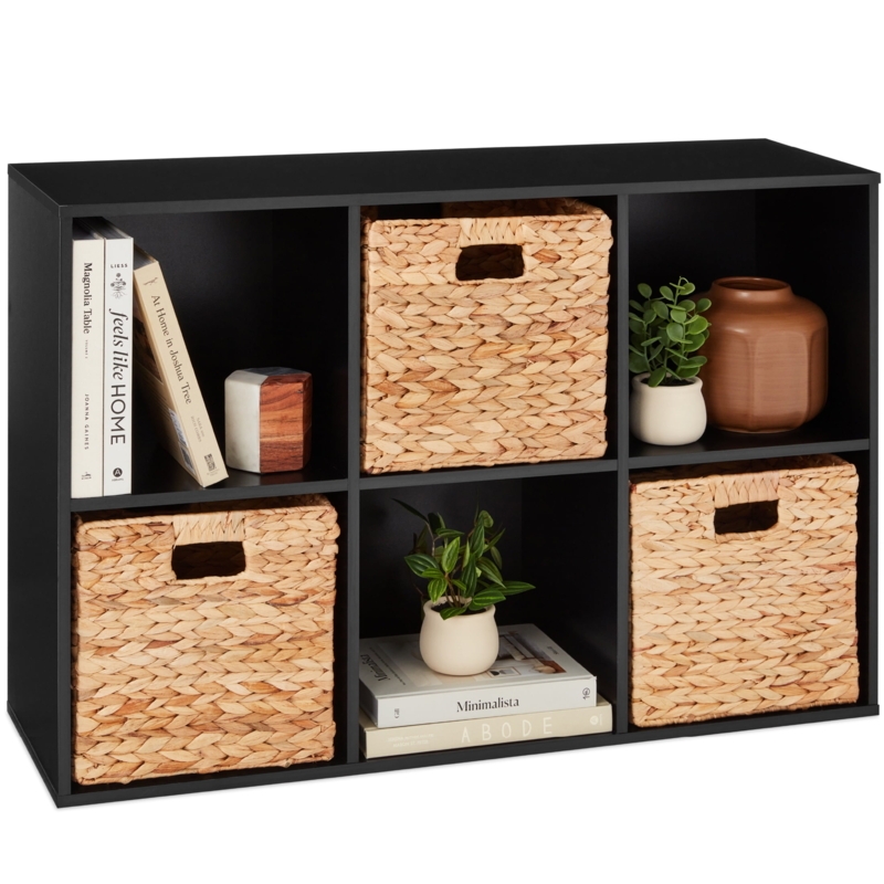 Cube Bookcase: Matte Black 6-Cube Organizer with Woven Bins