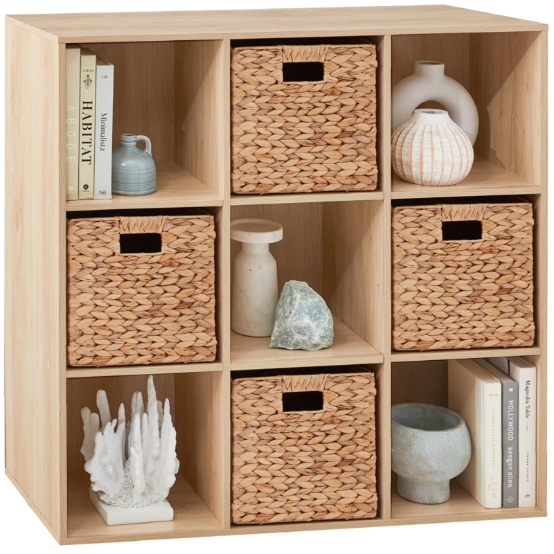 Cube Storage Organizer: Light Oak 9-Cube Grid with Woven Baskets