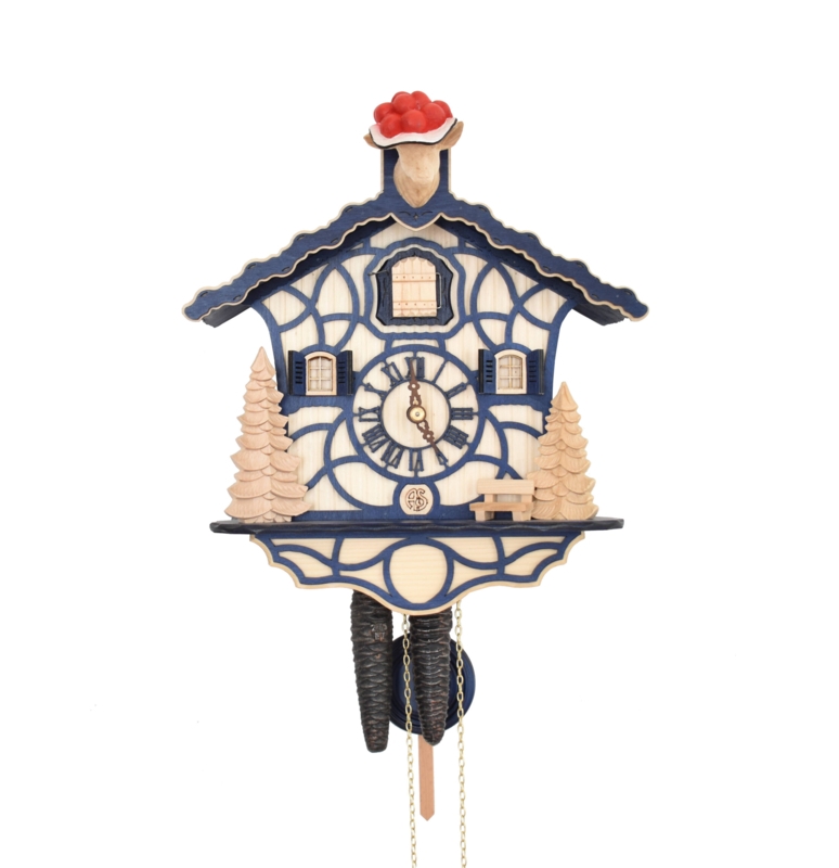 Cuckoo Clock Chalet Shape Navy Blue Trim Laser Cut Detail