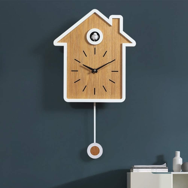 Cuckoo Clock Mid-Century Wood Toned Face White Frame Pendulum