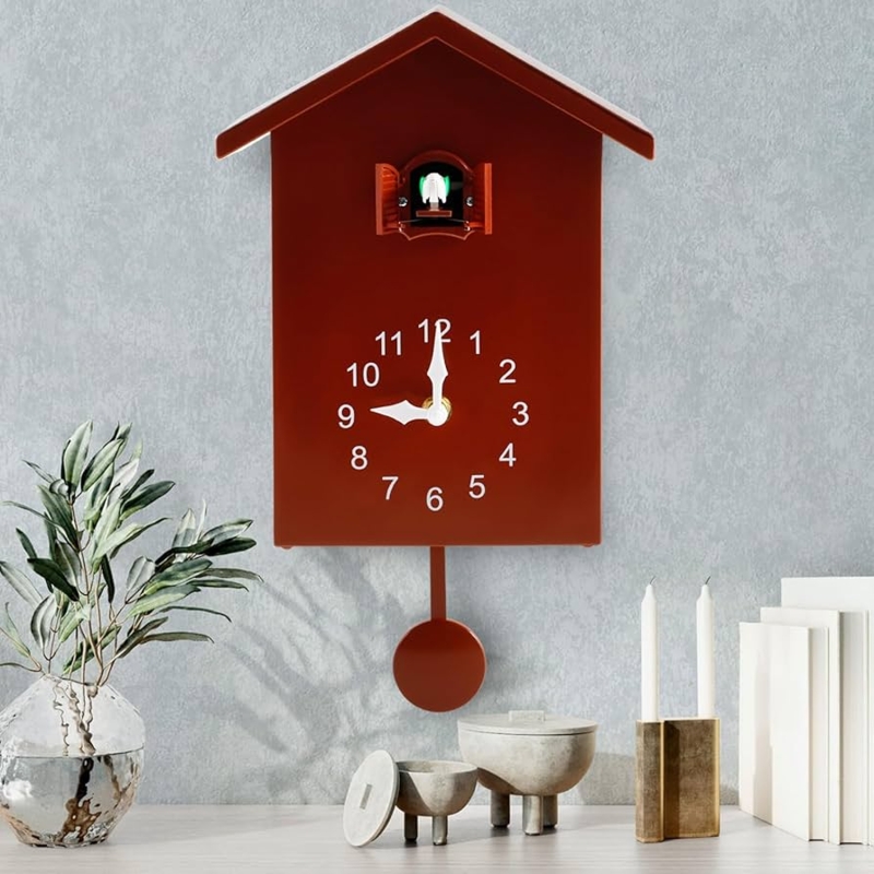 Cuckoo Clock Minimalist Burnt Orange Round Pendulum White Numerals