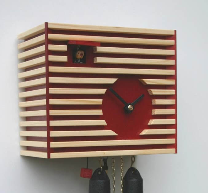 Cuckoo Clock Modern Horizontal Slats Cuboid Form Deep Red Face