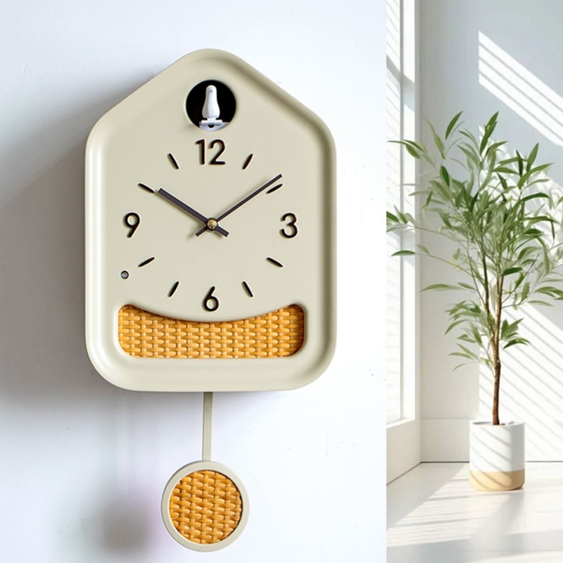 Cuckoo Clock Nordic Matte Cream Rattan Pendulum Basketweave