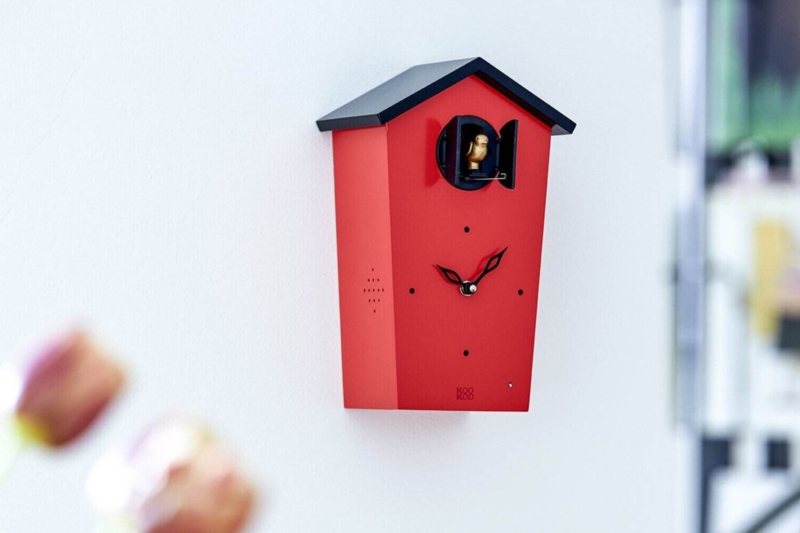 Cuckoo Clock Playful Vibrant Red Birdhouse Leaf Shaped Hands