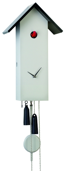 Cuckoo Clock Slender Silhouette Light Grey Housing Pops of Red