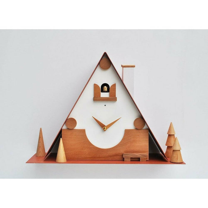 Cuckoo Clock Terracotta Red A-Frame Shape Minimalist Pine Trees