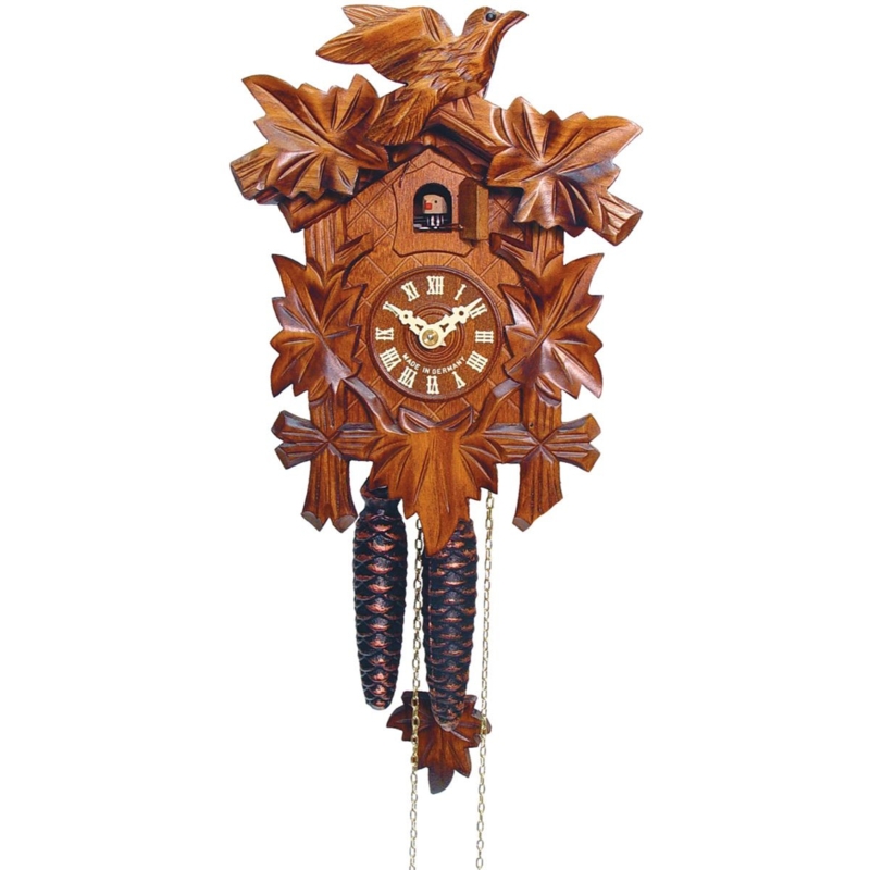 Cuckoo Clock Traditional Walnut Oak Leaf Carvings Bird Topped