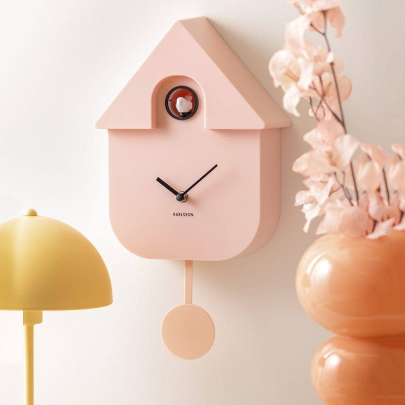Cuckoo Wall Clock Soft Pink Matte House Silhouette Pendulum