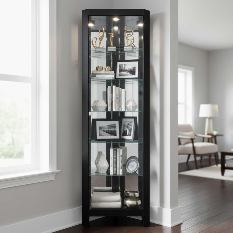 Curio Cabinet Slim Profile Five Tier Modern Glass Display Case
