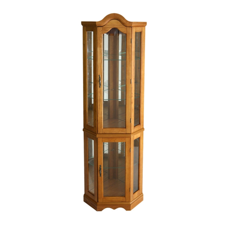Curio Cabinet with Arched Crown and Two Door Access in Golden Oak