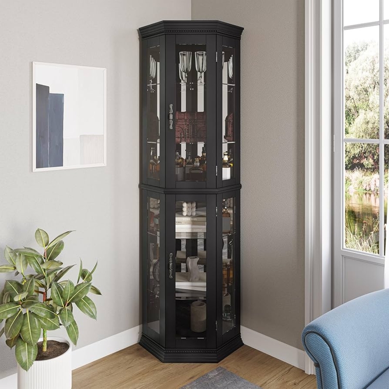 Curio Cabinet with Four Doors and Ornate Hardware, Black Finish