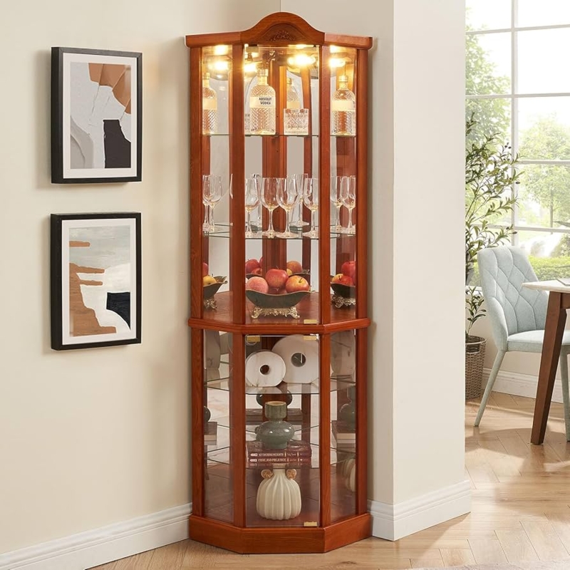 Curio Cabinet with Integrated Lighting and Mirrored Back Oak Finish