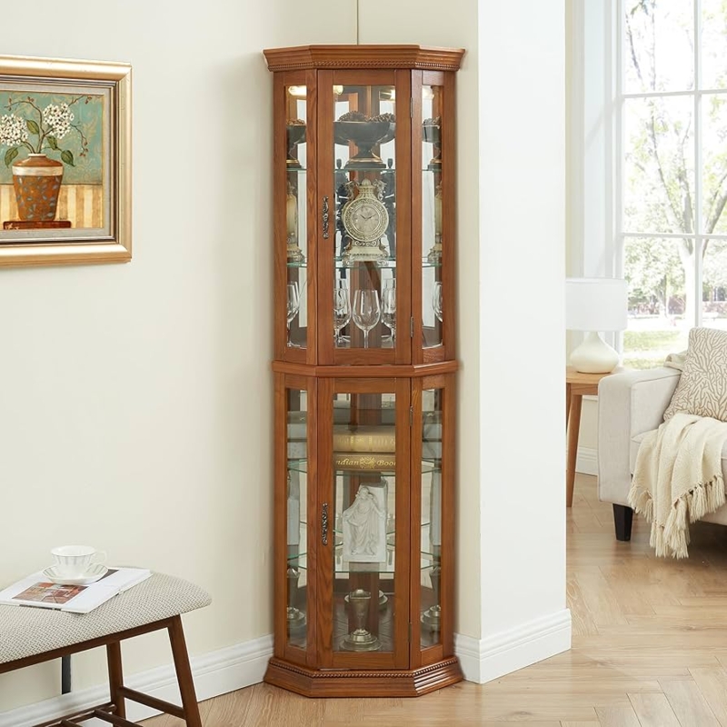 Curio Cabinet with Mirrored Back and Interior Lighting in Honey Oak