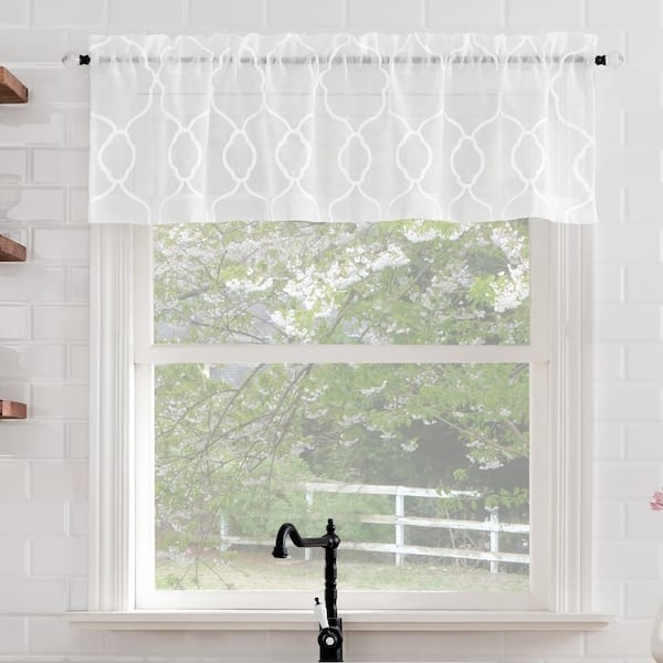 Curtain Valance, Sheer White with Embroidered Trellis Pattern