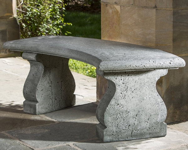 Curved Garden Bench Concrete Pedestal Legs Weathered Pitted Finish