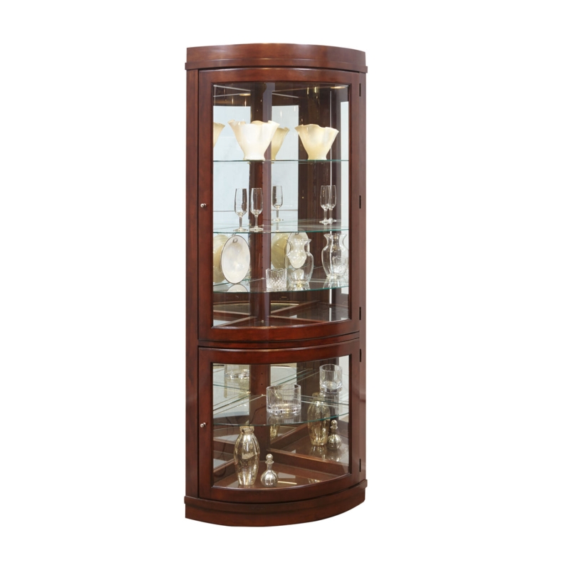 Curved Glass Corner Curio Cabinet in Cherry Brown with Two-Door Access