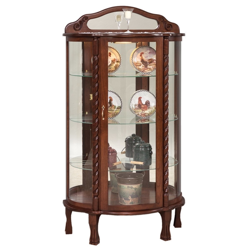 Curved Glass Curio Cabinet Rope Turned Columns with Pediment Top