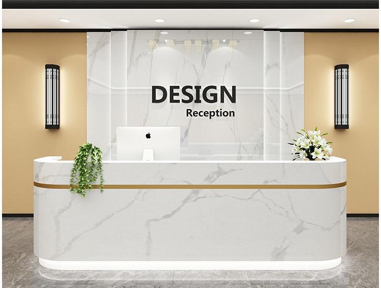 Curved Reception Desk with Gold Inlay Accent and Marble Facade