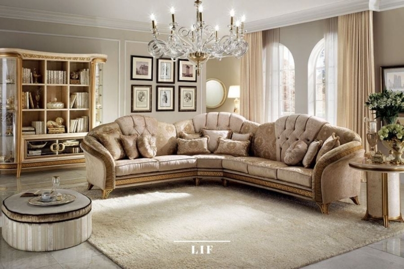 Curved Sectional Sofa Classic Italian Scalloped Tufting Ornate Gold