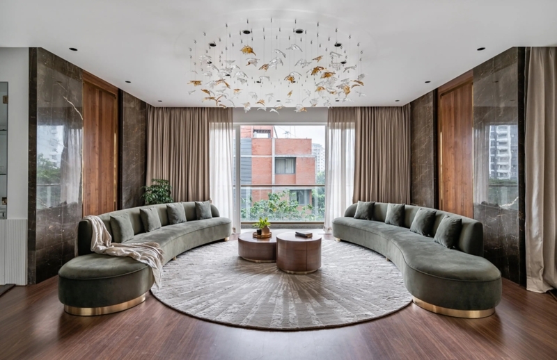 Curved Sectional Sofa: Moss Green Fabric in a Symmetrical Layout