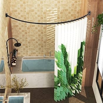 Curved Shower Curtain Rod Matte Black Tropical Leaf Print Decor