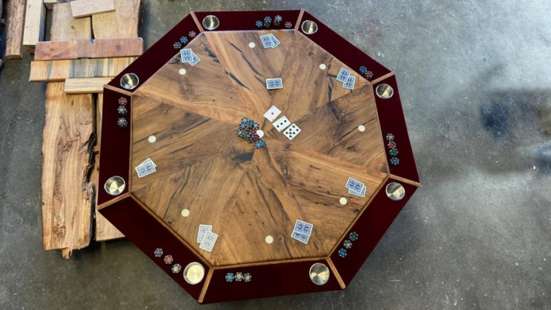 Custom Oak Poker Table with Radial Grain and Burgundy Rim