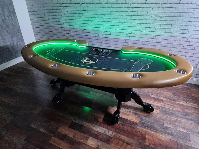 Custom Poker Table with Camel Tan Rail and Integrated LED Lighting